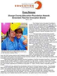 Press Release Teacher Innovation Grant Awards 2015