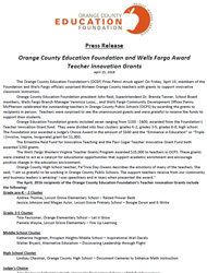 Press Release Teacher Innovation Grant Awards 2016